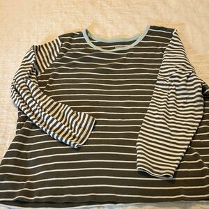 Lands' End Women's Olive Green and White Striped Long Sleeve Tee